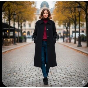 Talbots Black Wool Blend Button Front Long Coat Women Size 6 Vintage Made in USA